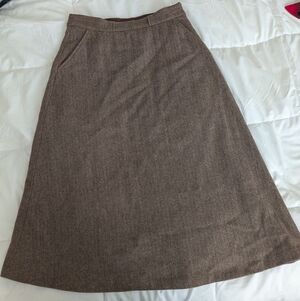 Brown Merino Wool Herringbone A-Line Skirt